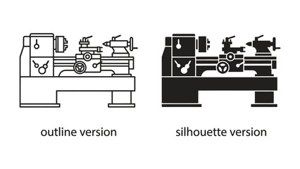 Obraz premium Lathe Machine: Two distinct representations of a metal lathe, one in an outline style and the other as a solid silhouette.