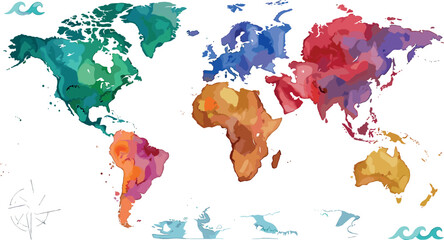 Colorful Watercolor World Map Vector with Distinctly Color Coded Continents and Decorative Ocean Waves for Educational Textbooks and Travel Brochure Layouts © MdMostafijur