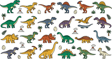 Cute Cartoon Dinosaur Collection Vector Set with Prehistoric Animals, Fossils, Volcanoes, Eggs, and Tropical Plants for Kids Education and Creative Design © MDFiroj