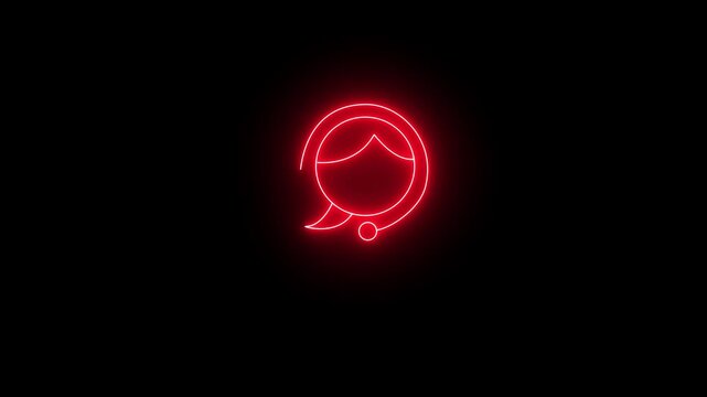 Glowing neon red icon of a female customer support agent wearing a headset against a black background. Animated customer service, call center operator, online help desk, or hotline assistance icon.