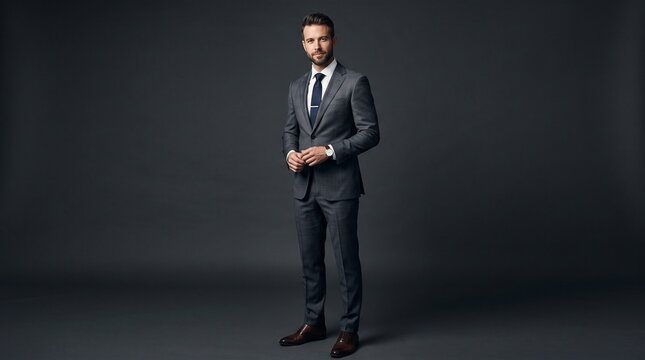 Successful businessman in tailored suit standing in studio for corporate leadership and professional career growth
