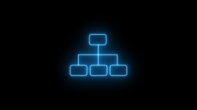 A hierarchical organizational chart is a bright neon blue icon with a rectangle on top and three connected rectangles below. Animated corporate structure, workflow diagram on a black background.