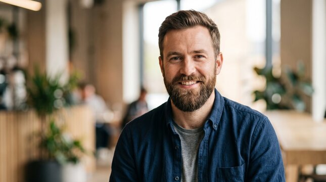 Confident bearded businessman smiling in modern office coworking space for professional portrait