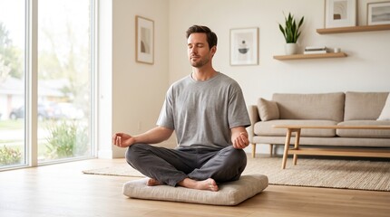 Fototapeta premium Man practicing meditation at home for mental health and stress relief in a modern living room