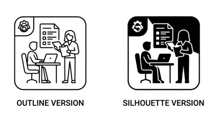 Fototapeta premium Two Versions of Workflow: A split image displaying an outline and silhouette version of a business workflow scenario, showing a person working on a laptop while another reviews a document.