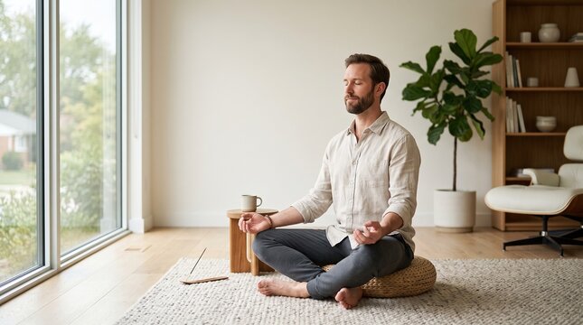 Mid adult man practicing meditation at home for mindfulness and stress relief in bright living room
