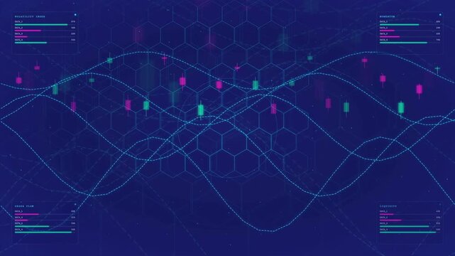 Abstract Digital Data Visualization with Glowing Waveforms and Hexagonal Grid on Dark Blue Background