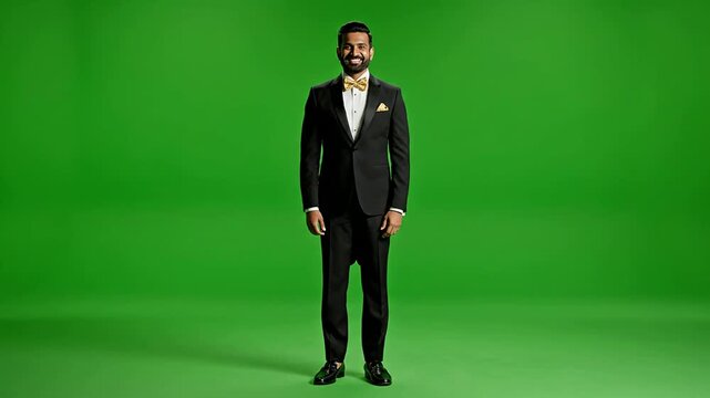 Stylish South Asian Man in Black Tuxedo with Gold Pattern on Vibrant Green Screen Background for Video Overlay or VFX