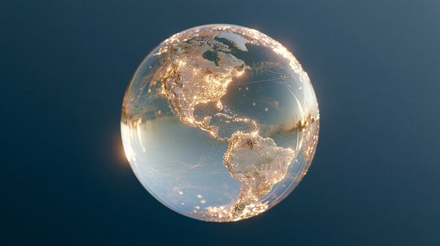 Glass globe showing north and south america with glowing cities and network connections