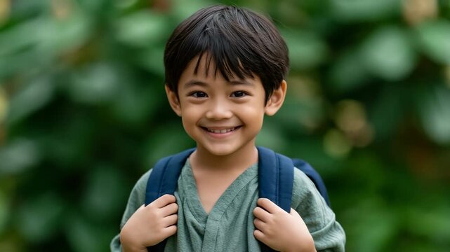 Smiling boy portrait outdoor with backpack against leafy bokeh background for school poster and website banner design