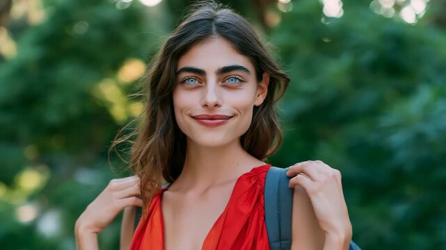 Young woman with backpack smiling in green park portrait for travel blog banner and lifestyle background