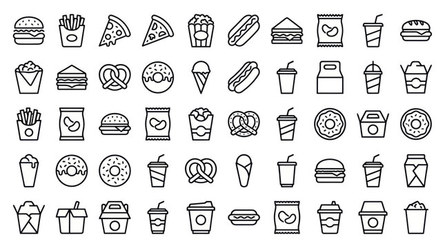 Fast food and snack thin line icon collection.
