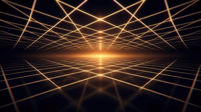 Golden glowing retro-futuristic synthwave grid floor and ceiling in dark space