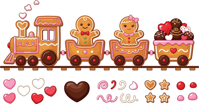 Gingerbread Train Vector Set with Cute Man and Woman Cookie Characters Chocolate Candy Hearts and Frosting Decor for Christmas and Valentine Holiday Designs