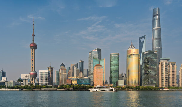 Shanghai, China - May 4, 2026: Skyline of Lujiazui financial district featuring the Oriental Pearl Tower and Shanghai Tower along the Huangpu River