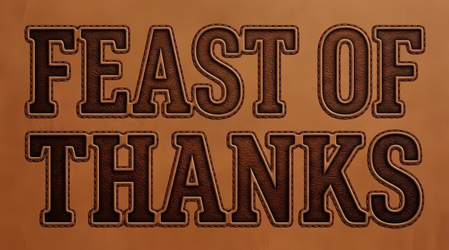 Feast of thanks words are rendered in a bold stitched leather style against a textured brown background.