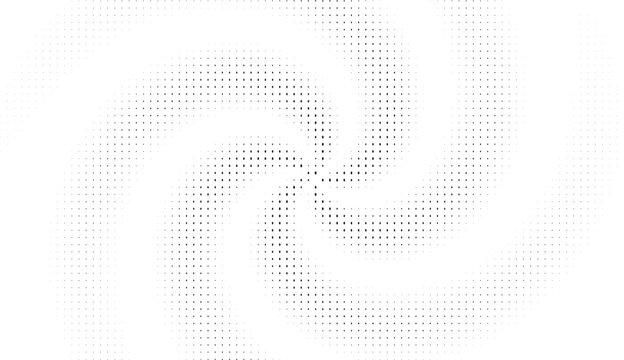 Abstract monochrome spiral pattern composed of small black dots on a white background, creating a dynamic vortex effect for projects