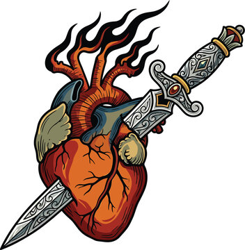 Anatomical heart pierced by an ornate dagger with flames in a traditional tattoo illustration vector style