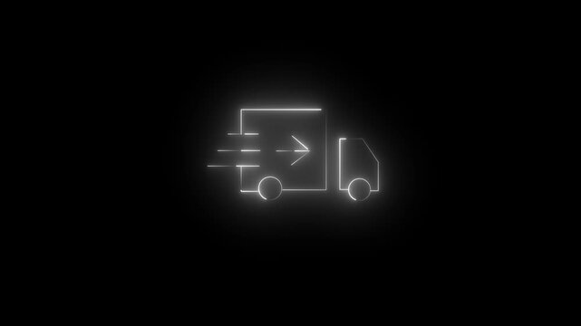 Glowing neon line icon of a delivery truck with fast moving lines. An animated fast delivery, shipping or logistics truck overlay on a black background. Bright delivery truck icon animation.