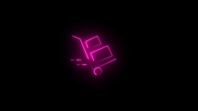 Glowing neon magenta icon of a hand truck or hand trolley carrying package boxes against a black background. Animated order shipping, delivery service, logistics, fast freight, or cargo transport icon