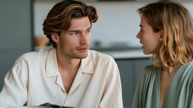 Young couple having a serious conversation at a dining table with neutral tones for editorial banner and relationship article header