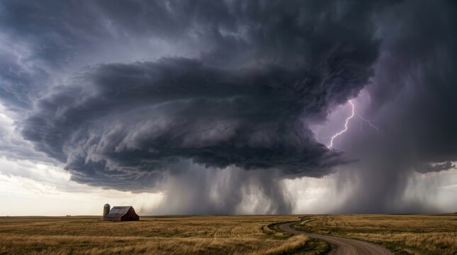 Massive Supercell Thunderstorm Over Rural Farm with Lightning and Rain