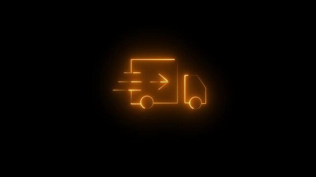 Glowing neon orange line icon of a delivery truck with fast moving lines. An animated fast delivery, shipping or logistics truck overlay on a black background. Bright delivery truck icon animation.