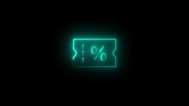 Glowing neon cyan line art icon of a coupon ticket with a percentage sign. Animated discount, offer, promo code, or sale icon overlay on a black background. 