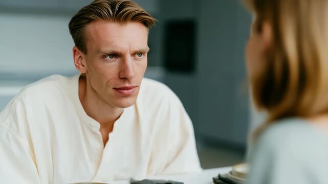Focused man in a thoughtful conversation at a modern dining table with minimalist styling for editorial banner and relationship article header