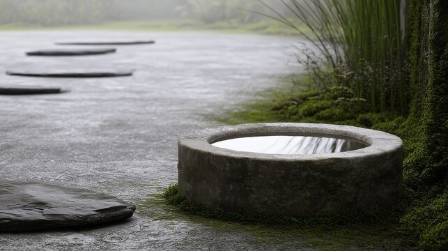 Stone Water Basin Beside a Moss Garden Path