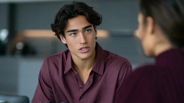 Young man listening in a casual meeting portrait for corporate communication and background use