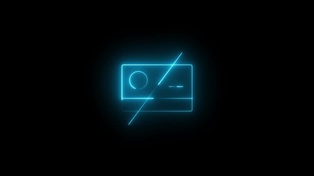 Bright neon blue line art icon of a credit card with a diagonal line drawn through it. Animated 'payment declined', 'no credit card', or 'payment error' overlay on a black background. 