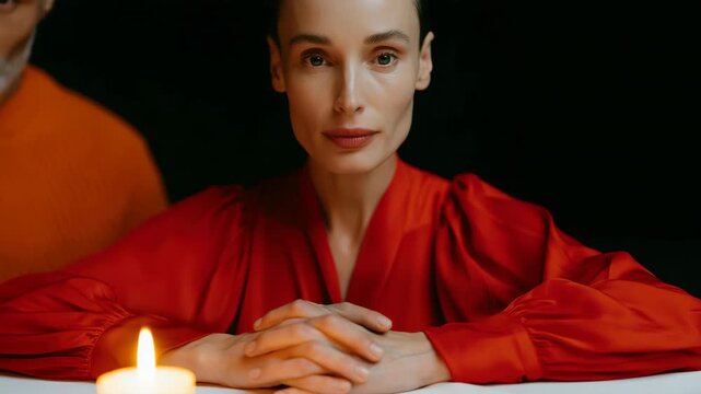 Candlelit intimate portrait of a woman in red dress at a table for moody background and editorial banner design