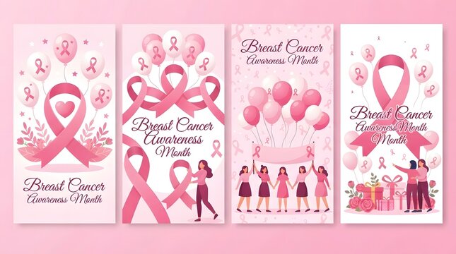 Breast cancer awareness month pink ribbon illustrations for support fundraising campaigns