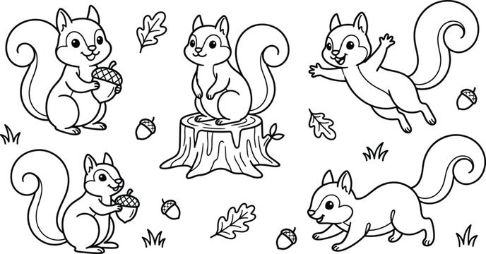 Cute cartoon squirrels coloring page outline vector set