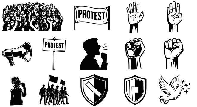 Political Protest, Crowd Demonstration and Activism Vector Icons Set