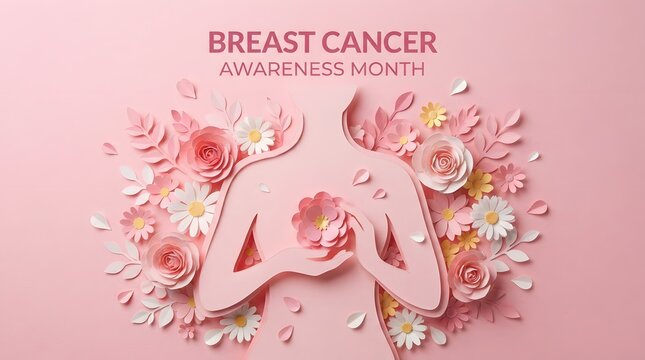 Breast cancer awareness month paper art female silhouette with pink flowers