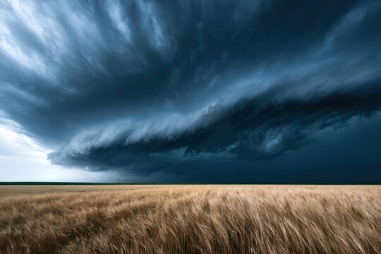 Massive thunderstorm shelf cloud over golden wheat field