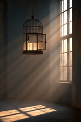 Obraz premium Empty antique birdcage with open door, freedom and new beginning concept
