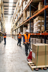 Obraz premium Warehouse team managing inventory and moving goods with pallet jacks, ensuring efficient supply chain operations and freight delivery