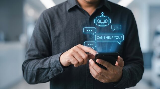 Man interacting with smartphone displaying holographic AI chatbot interface