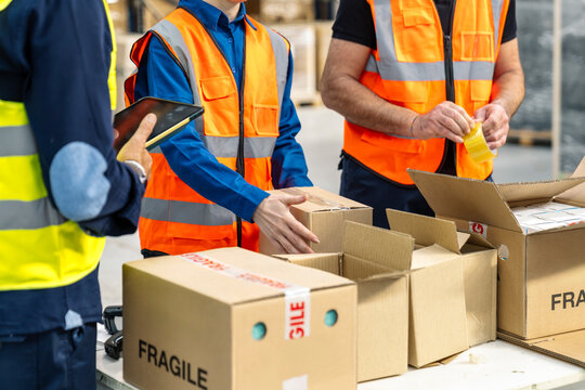 Warehouse team inspecting and preparing cardboard boxes for shipment. Efficient supply chain operations and freight management