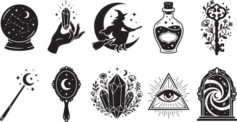Collection of hand drawn occult and mystical symbols featuring magic items in a vintage black and white style © MATMORJINABEGUM