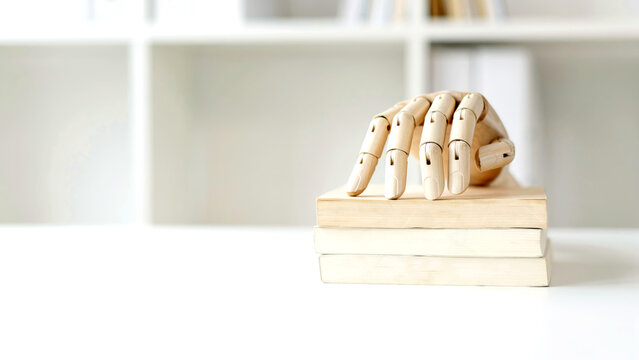 Wooden mannequin hand resting gently upon stacked blank books inside bright minimalist interior study space with white shelf background books against blurred