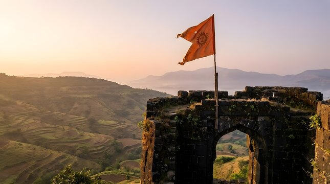 Saffron flag flying over an ancient stone fort in India at sunrise
