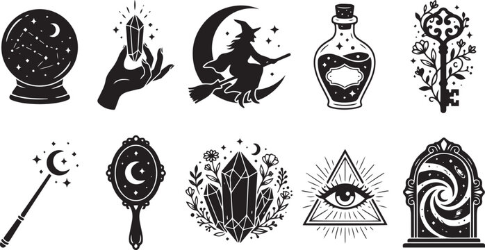 Collection of hand drawn occult and mystical symbols featuring magic items in a vintage black and white style
