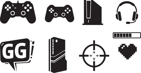 Video game icon set with controllers and consoles, black gaming hardware silhouettes, 8 digital entertainment vector elements for esports and streaming © Junaid