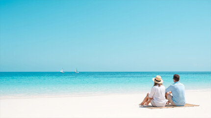 Fototapeta premium Couple sitting on white sand beach watching distant sailboats