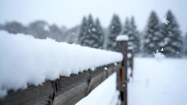 Fresh white snow covering a rustic wooden fence during a quiet winter snowfall in a rural landscape with pine trees