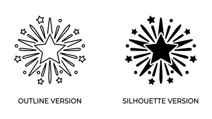 Fireworks and Stars: A pair of stylized fireworks designs, one in outline and one in silhouette, both featuring a central starburst with radiating lines and smaller star accents. © asad